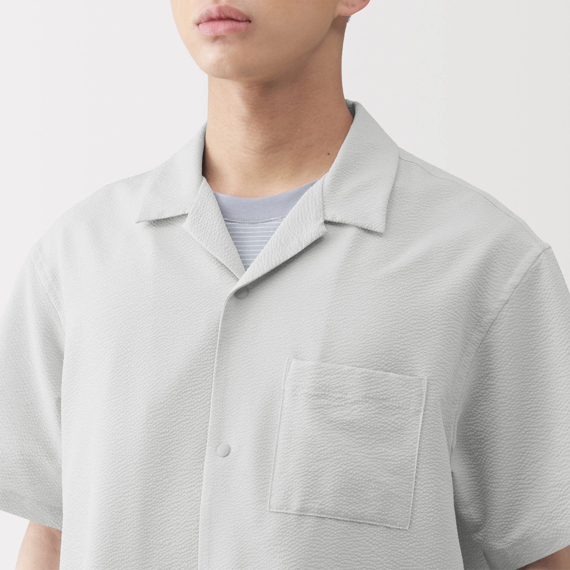 Breathable Seersucker Open Collar Shirt - Image 31