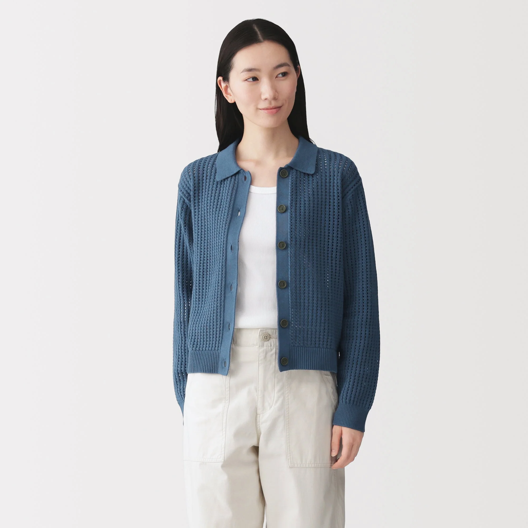 Cotton Blend Mesh Polo Cardigan - Image 27
