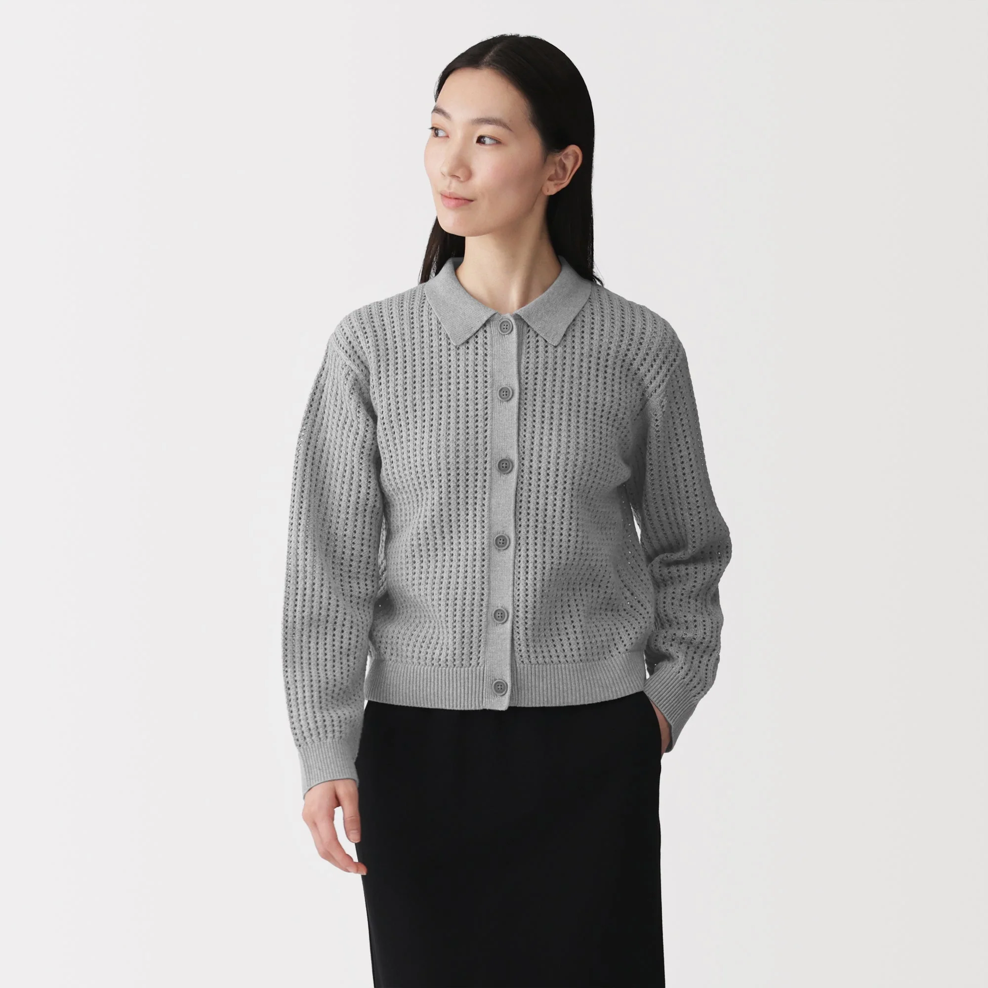 Cotton Blend Mesh Polo Cardigan - Image 3