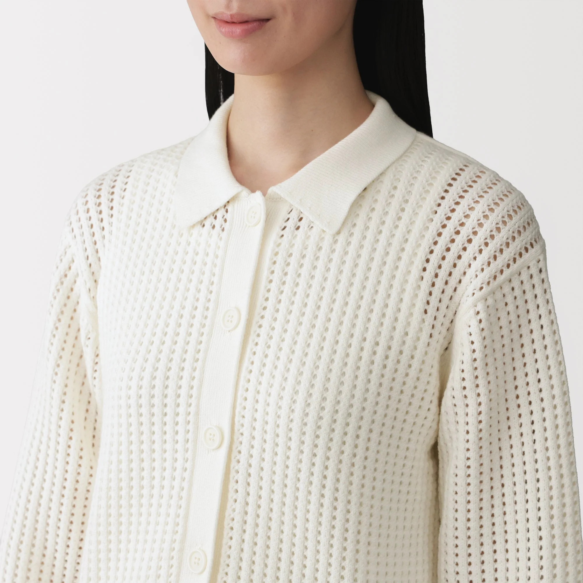 Cotton Blend Mesh Polo Cardigan - Image 7
