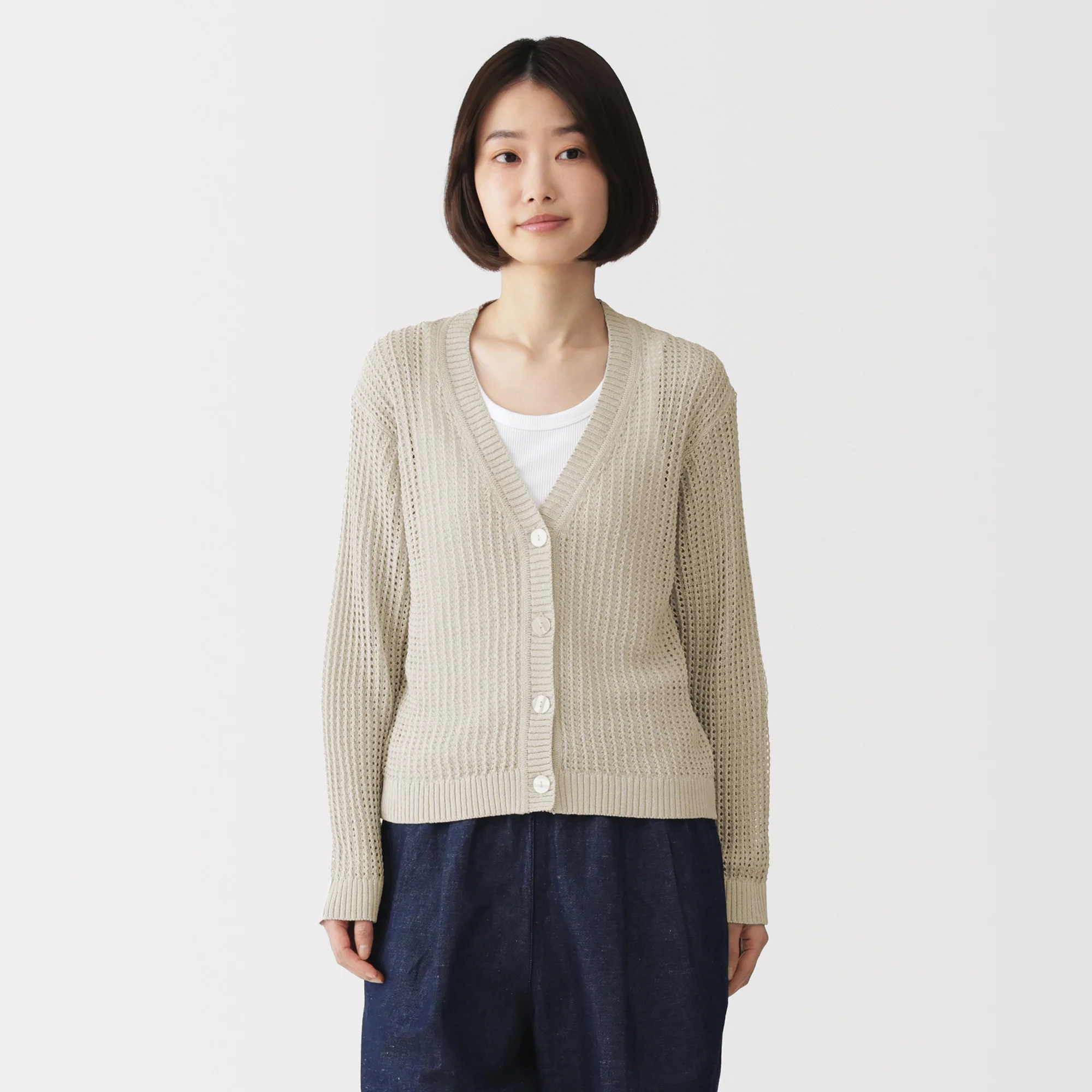 Linen Blend Mesh V-Neck Cardigan - Image 19