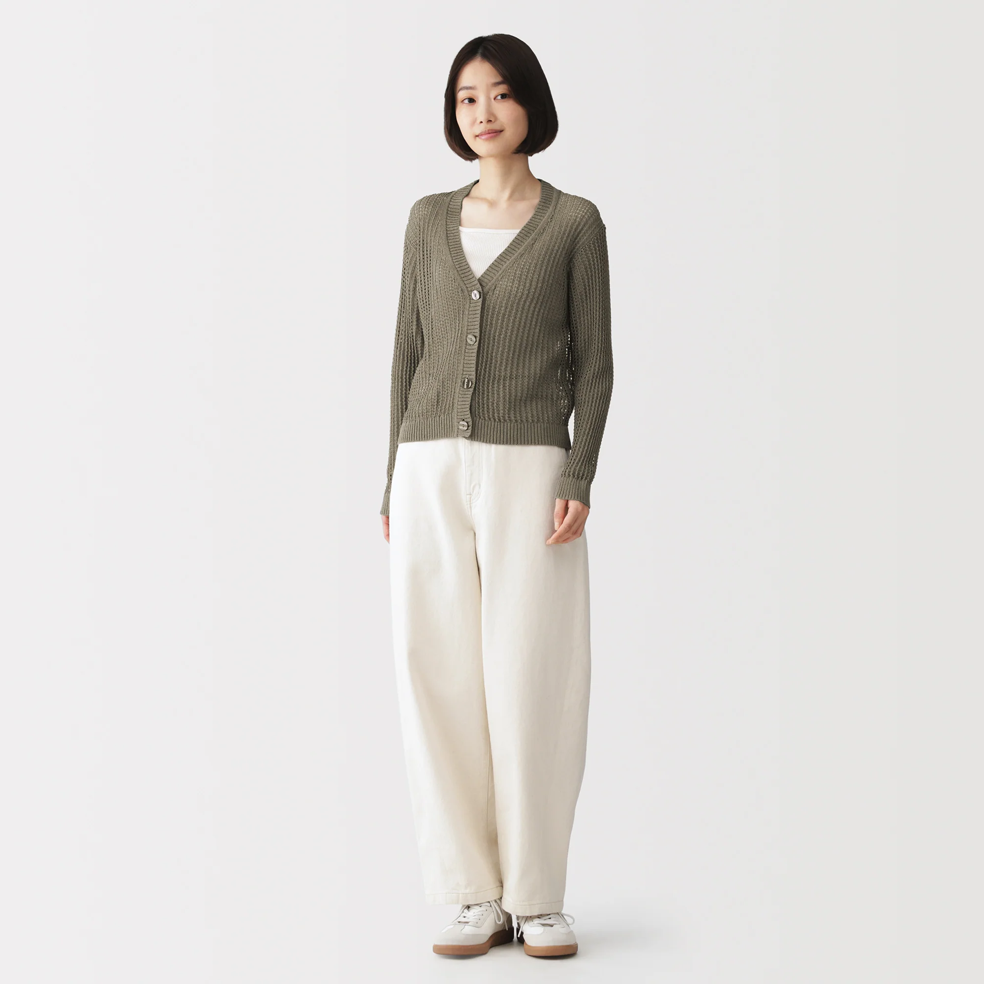 Linen Blend Mesh V-Neck Cardigan - Image 4