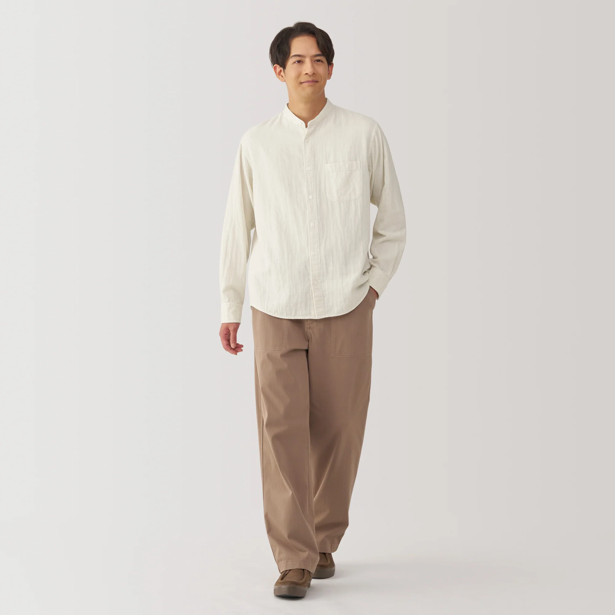 Men's Kapok Blend Double Gauze Stand Collar Long Sleeve Striped Shirt - Image 13