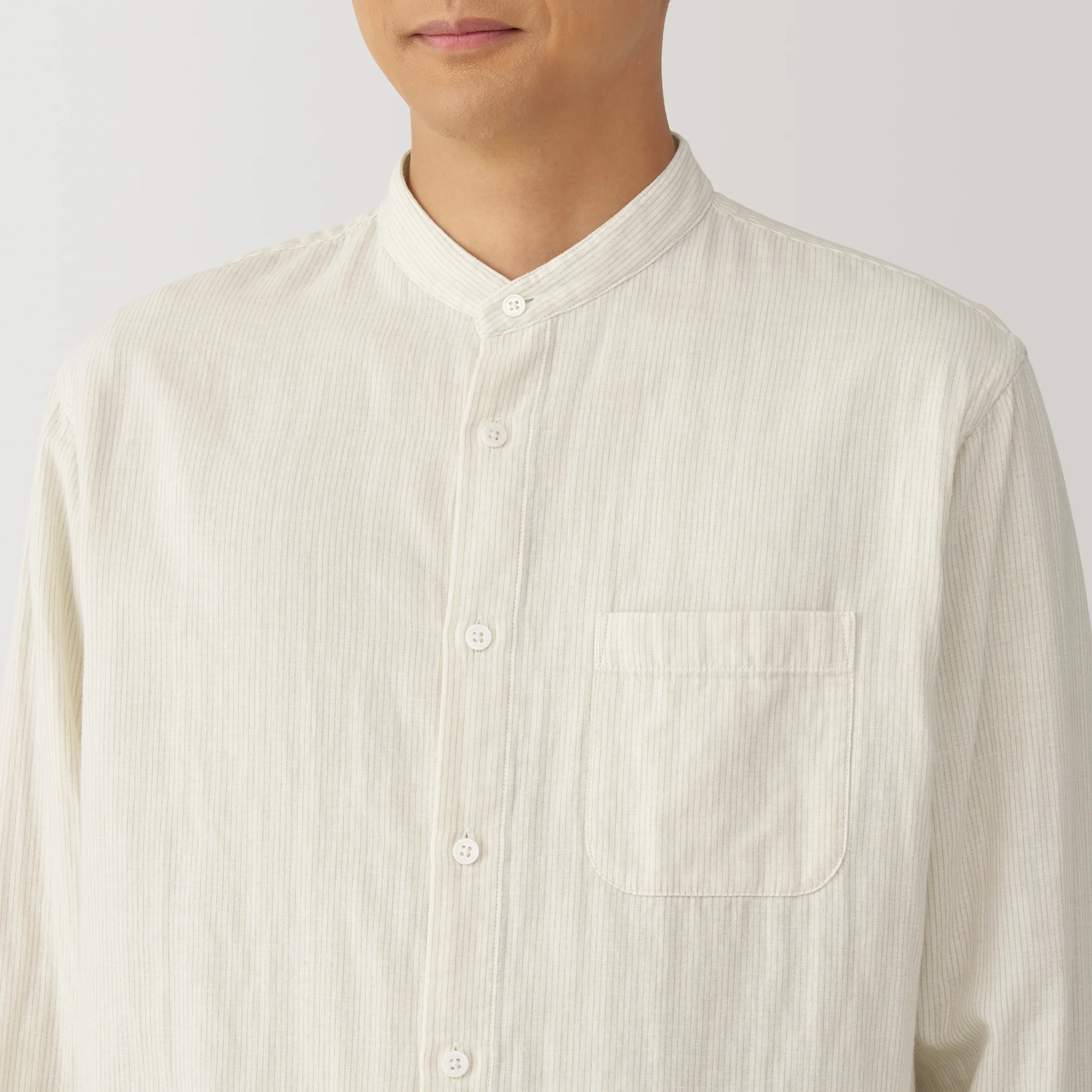 Men's Kapok Blend Double Gauze Stand Collar Long Sleeve Striped Shirt - Image 16