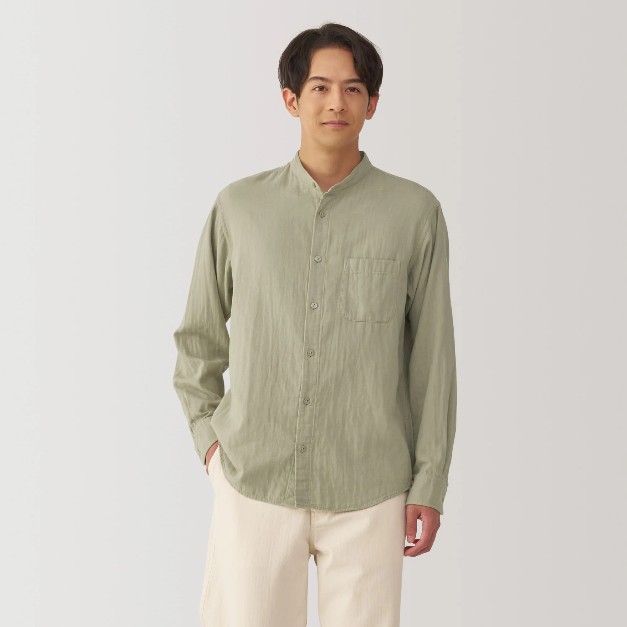 Men's Kapok Blend Double Gauze Stand Collar Long Sleeve Striped Shirt - Image 21