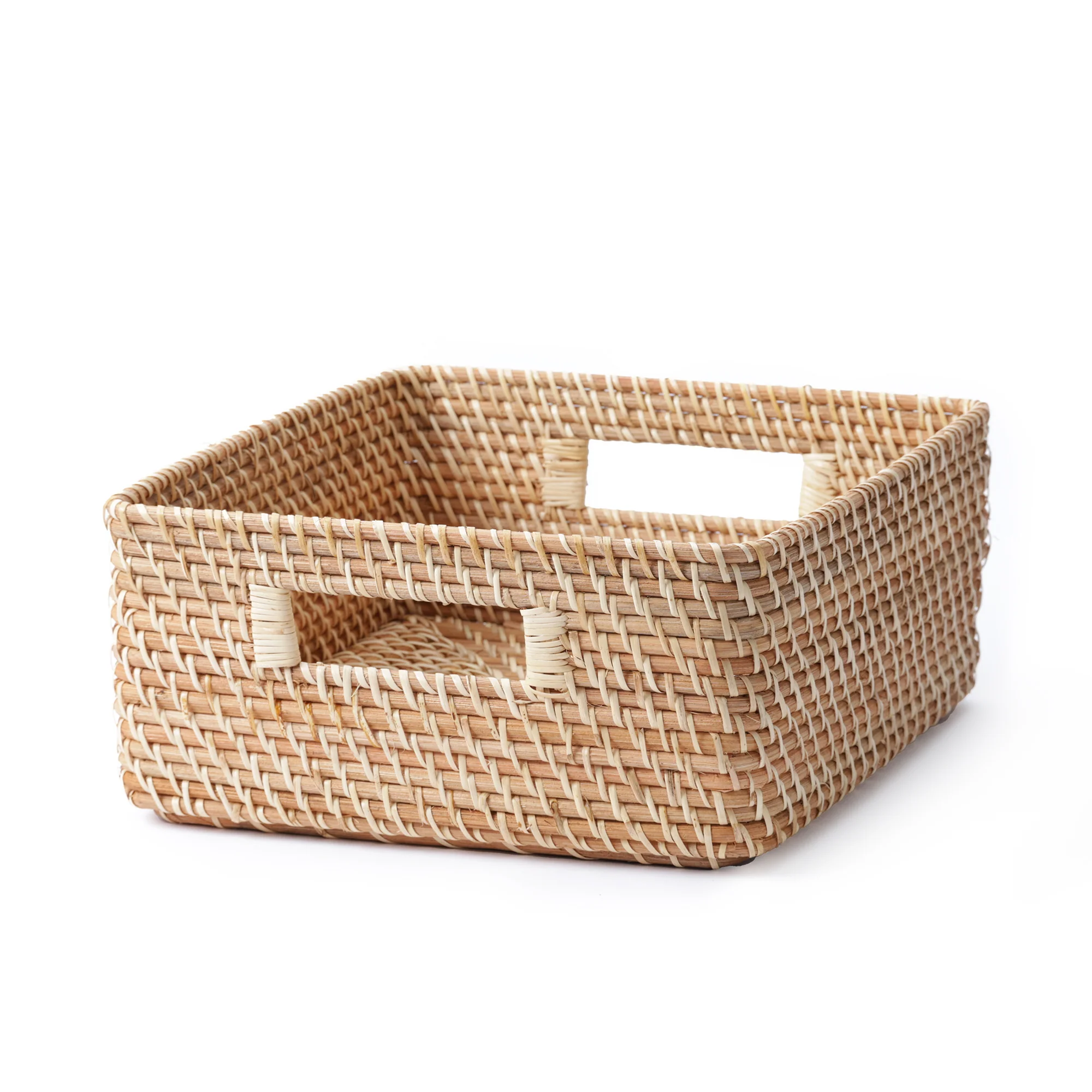 Rattan Stackable Square Basket With Handle - Medium W13.8 x D14.2 x H6.3"