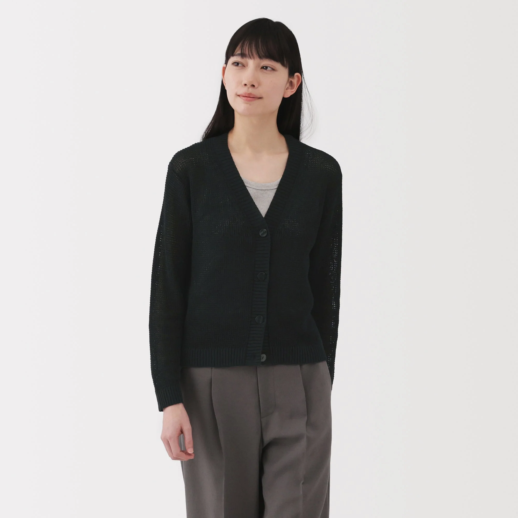 Women's Linen Blend Mesh V Neck Cardigan
