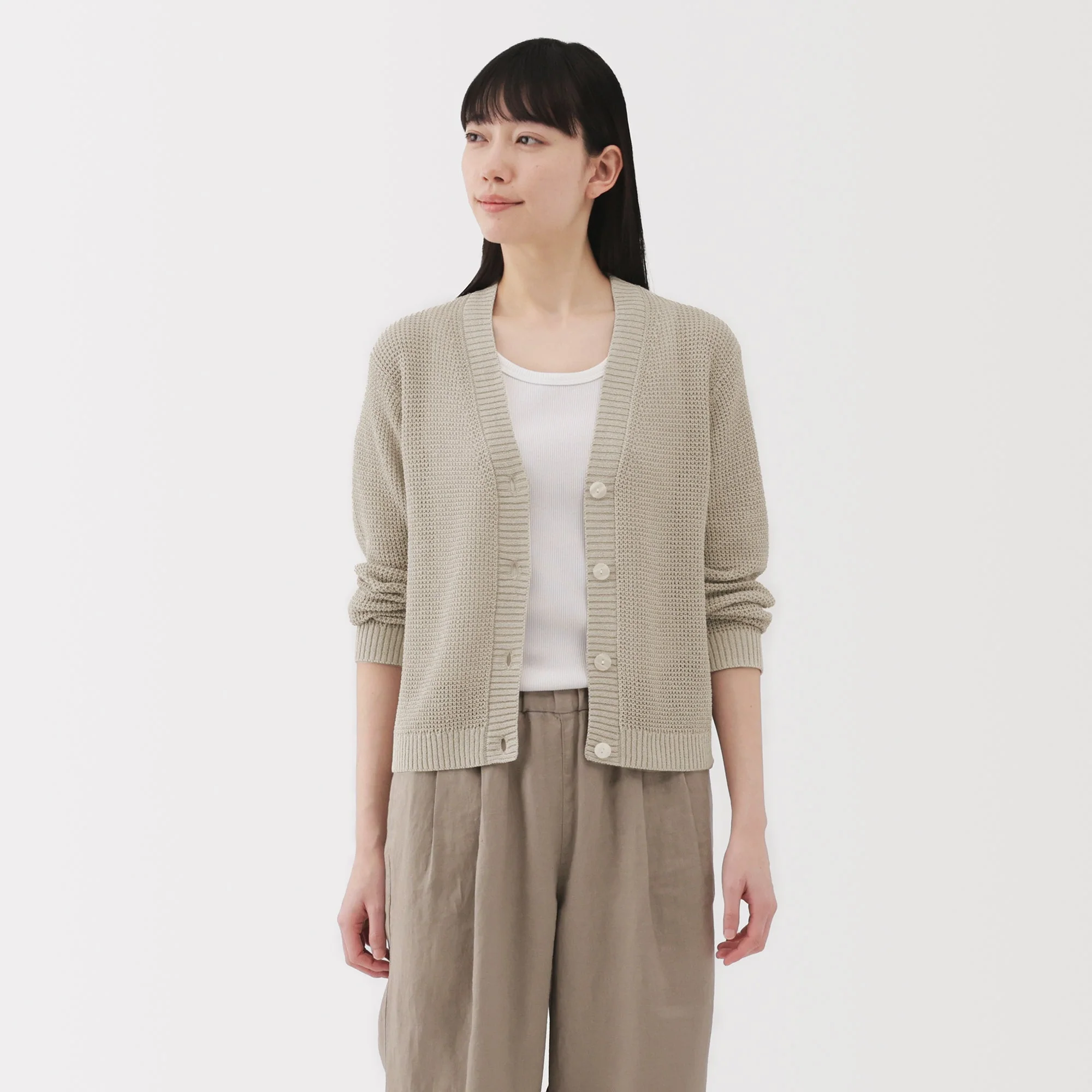 Women's Linen Blend Mesh V Neck Cardigan - Image 10